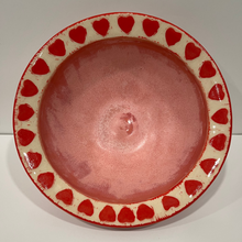 Load image into Gallery viewer, Heart Pottery Bowl with hand carved red hearts on the rim and pink interior.