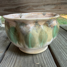 Load image into Gallery viewer, Wavy, dreamy pottery bowl handmade and glazed in beige, pale green and browns.