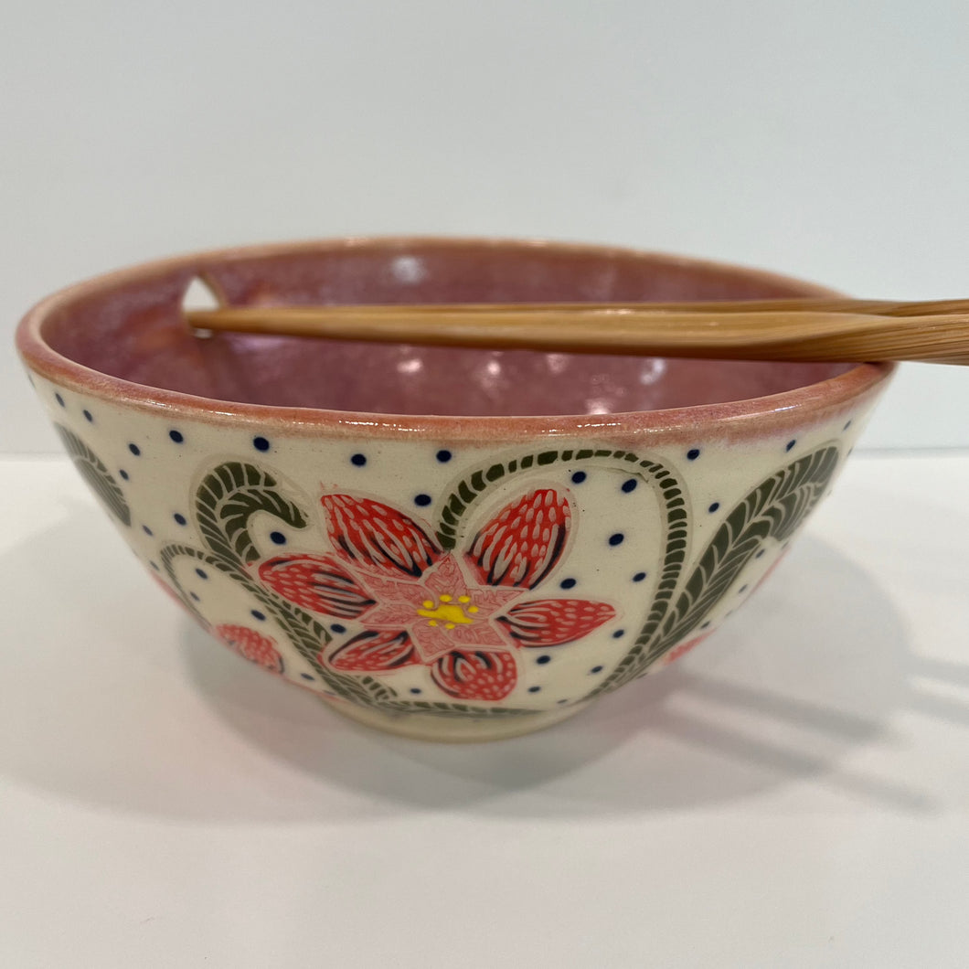 Pink Flower Noodle Pottery Bowl