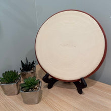 Load image into Gallery viewer, Back of cherry blossom pottery plate sitting on a black stand with three small plants next to it
