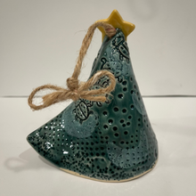 Load image into Gallery viewer, Ceramic Christmas tree ornament with star on top and jute string, on a white background
