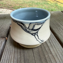Load image into Gallery viewer, Ceramic cup with hand painted crane on a white background and light blue interior.
