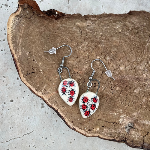 Ladybug earrings on a mushroom on cement