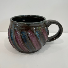 Load image into Gallery viewer, Blue and purple swirls on a brown pottery mug
