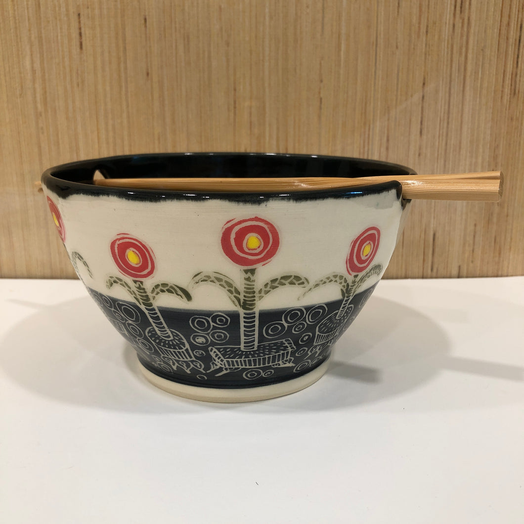 Poppy Noodle Pottery Bowl With Chopsticks